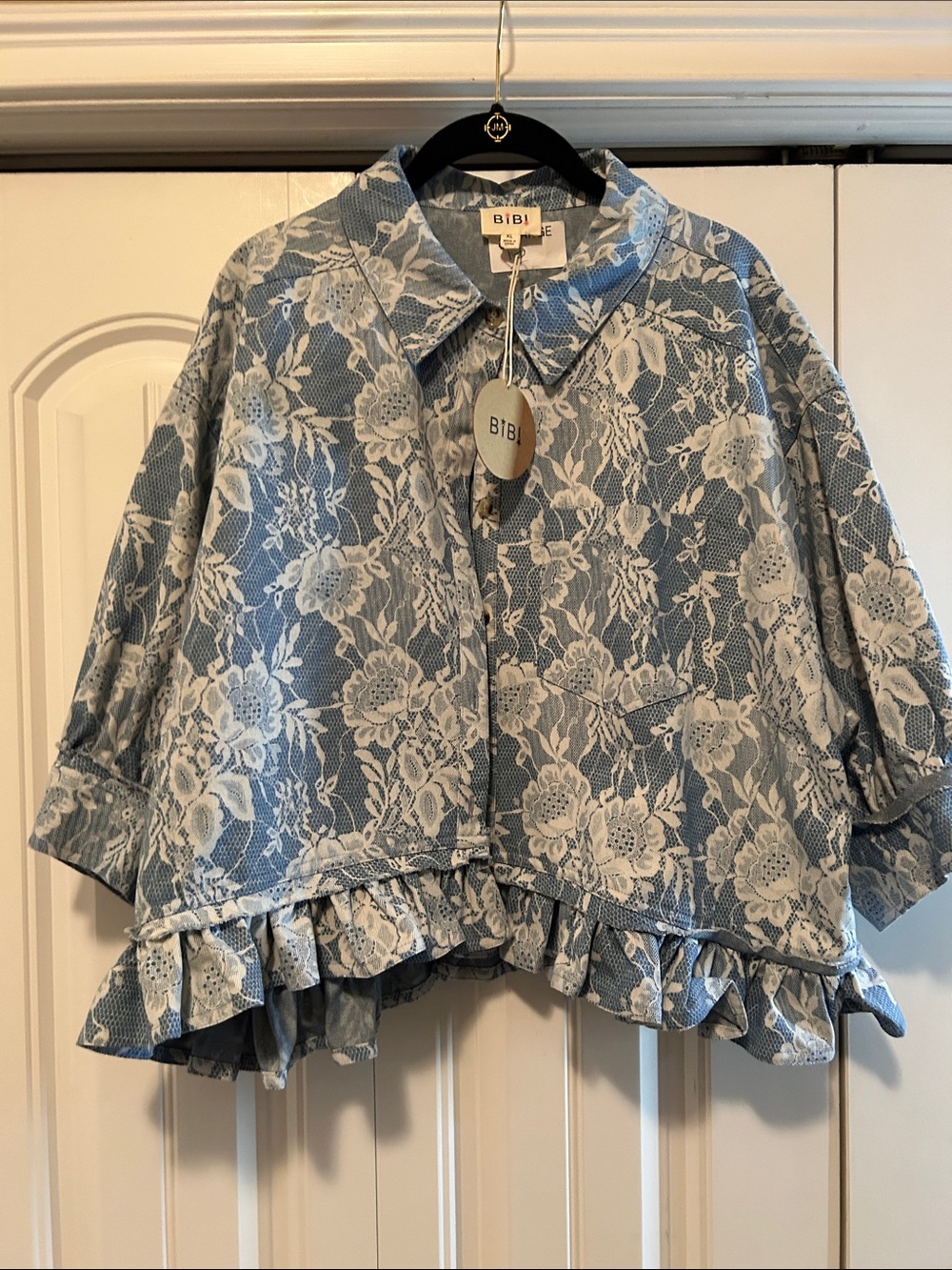 BiBi Blue Lace Floral Ruffle Cropped Jacket